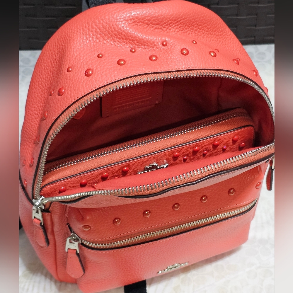 Coach Charlie Mini Coral Leather Backpack & Matching Wallet Studs F45070 Silver - Picture 2 of 14